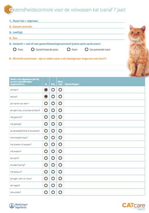 Op de vragenlijst kunt u afwijkingen invullen die u opgemerkt heeft bij uw kat