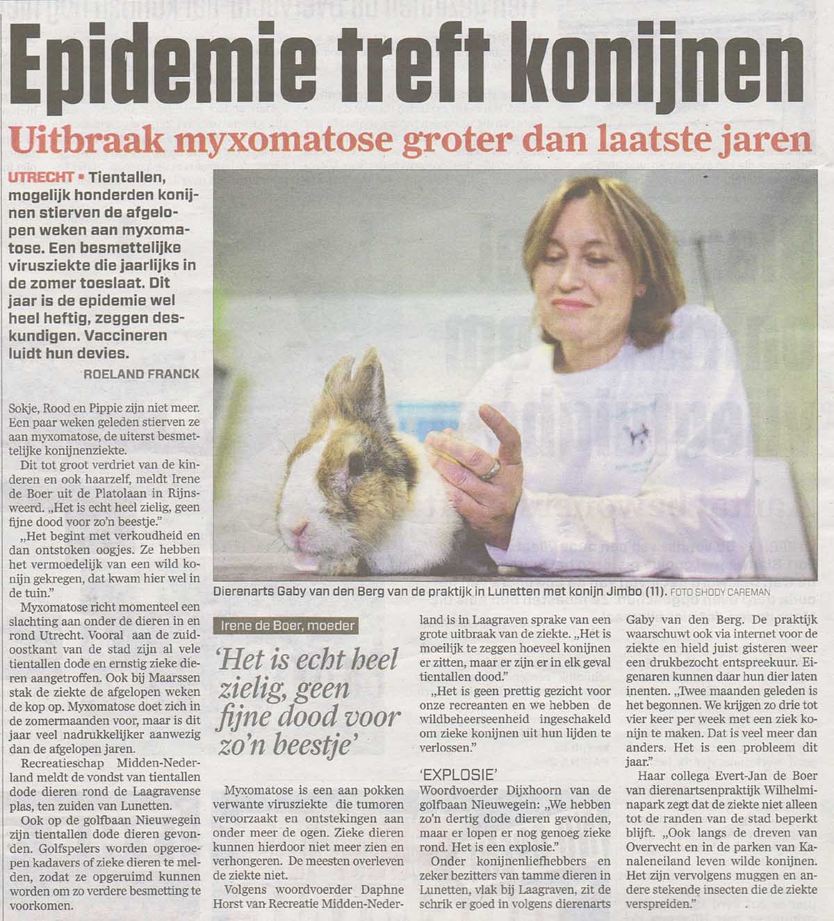 Krant van 29 september 2011 artikel over myxomatose, klik op de foto voor groter formaat